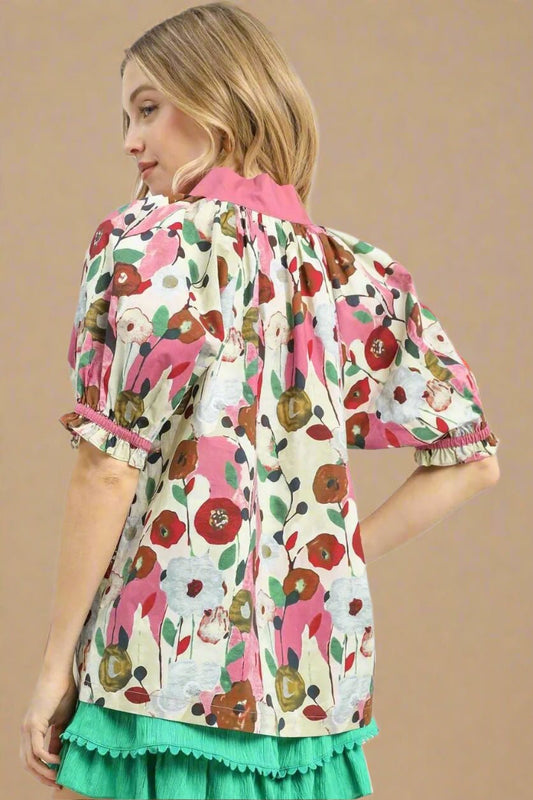 UMGEE - Blush Pink Floral Print Puff Sleeve Top with Striped V - Neck