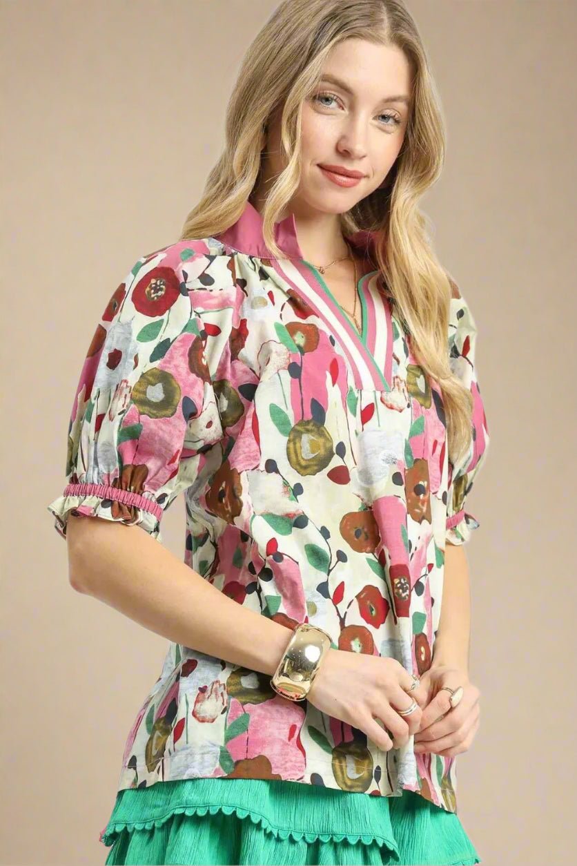 UMGEE - Blush Pink Floral Print Puff Sleeve Top with Striped V - Neck