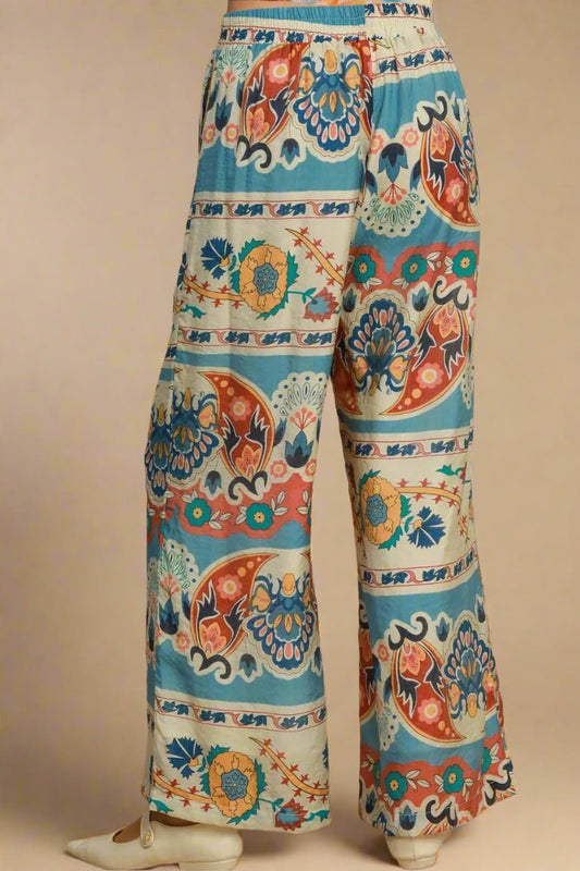 UMGEE - Boho Tapestry Wide Leg Pants in Blue Mix