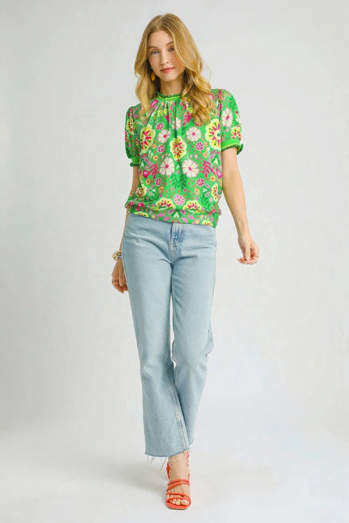 UMGEE - Bright Kelly Green Floral Puff Sleeve Top