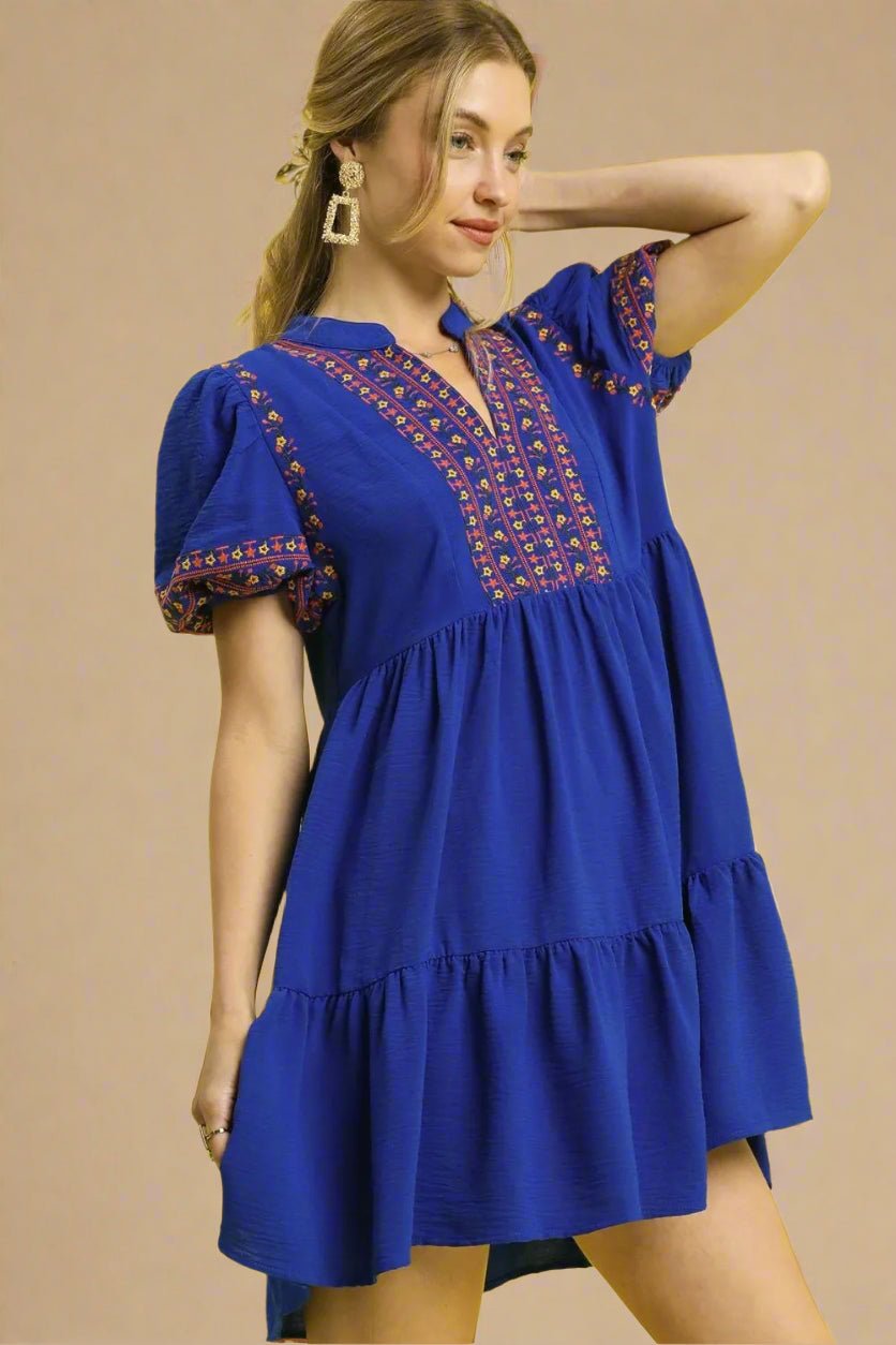 UMGEE - Cobalt Blue Embroidered Puff Sleeve Babydoll Mini Dress