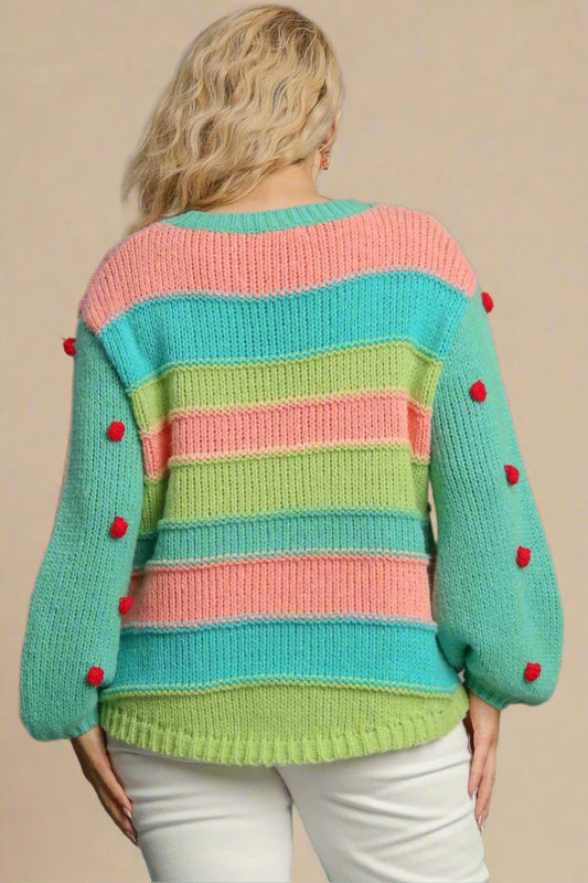 UMGEE - Color Block Pom Pom Sweater in Emerald