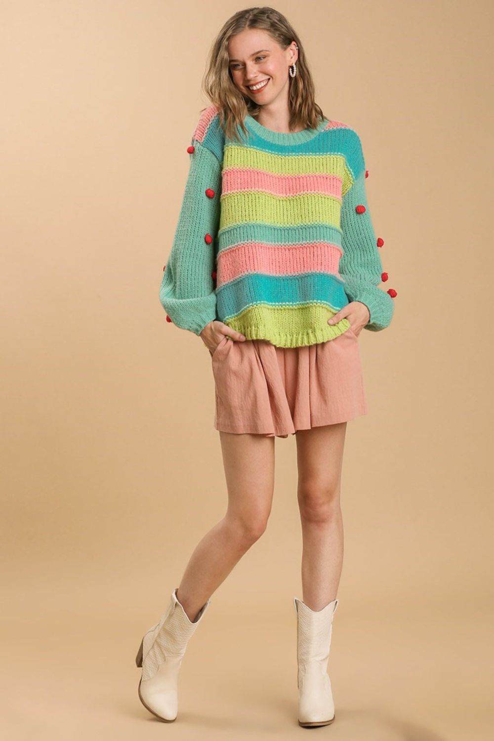 UMGEE - Color Block Pom Pom Sweater in Emerald