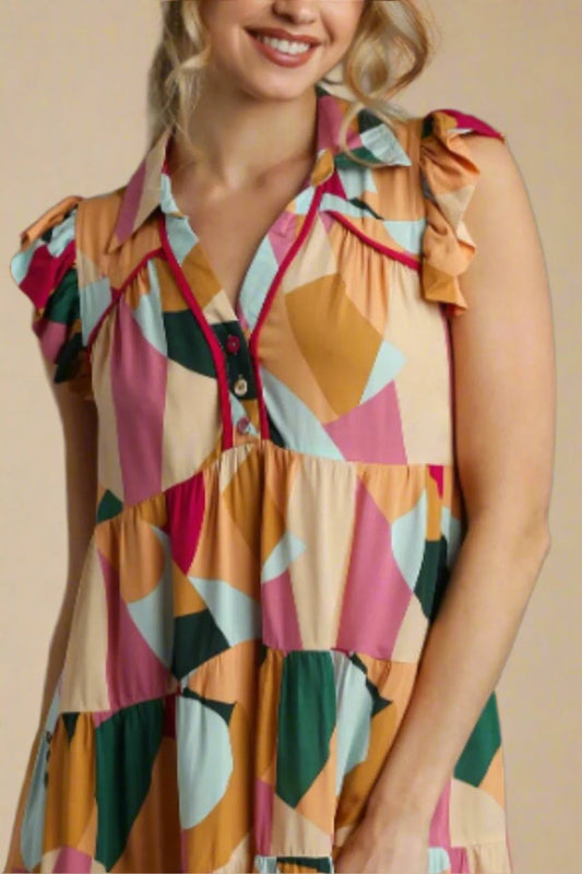 UMGEE - Colorblock Multi Ruffle Sleeve Mini Dress