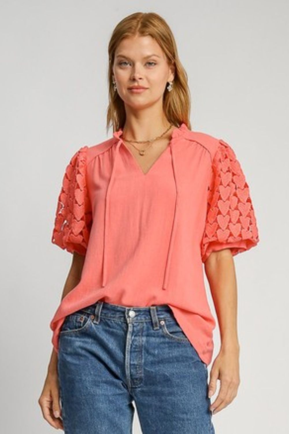 UMGEE - Coral Puff Sleeve Heart Lace Top