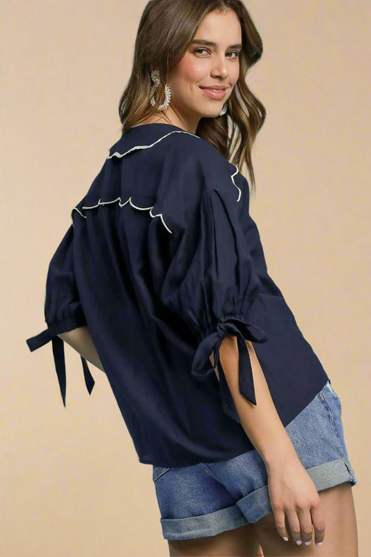 UMGEE - Dark Navy Ruffle Trim Blouse