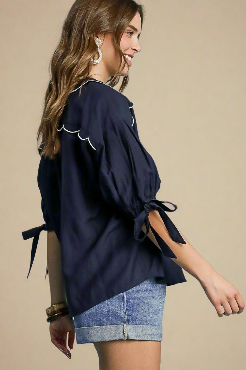 UMGEE - Dark Navy Ruffle Trim Blouse
