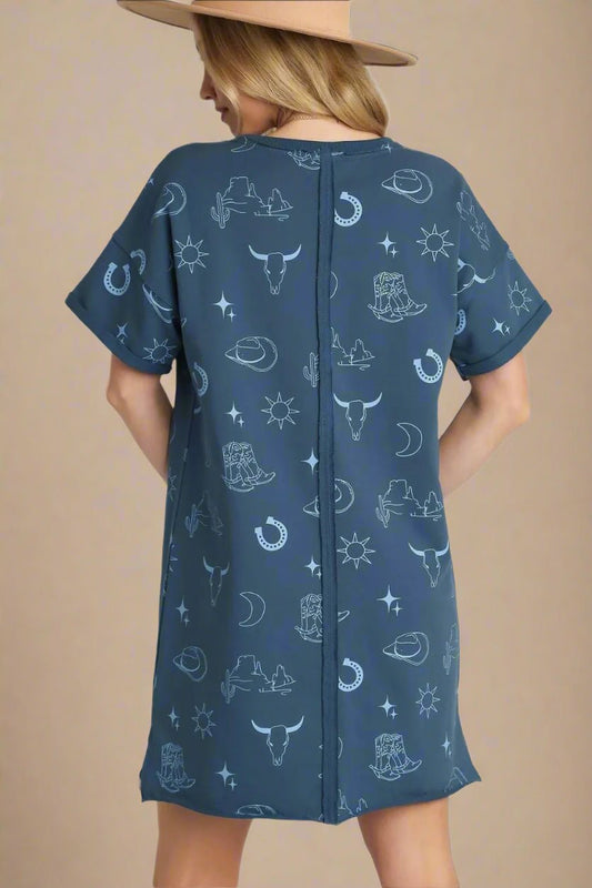 UMGEE - Desert Blue Graphic Mini Tee Dress in Western Print