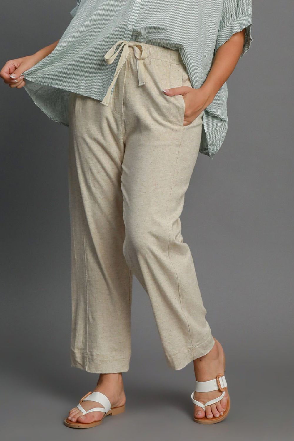 UMGEE - Drawstring Waist Linen Blend Pants in Oatmeal