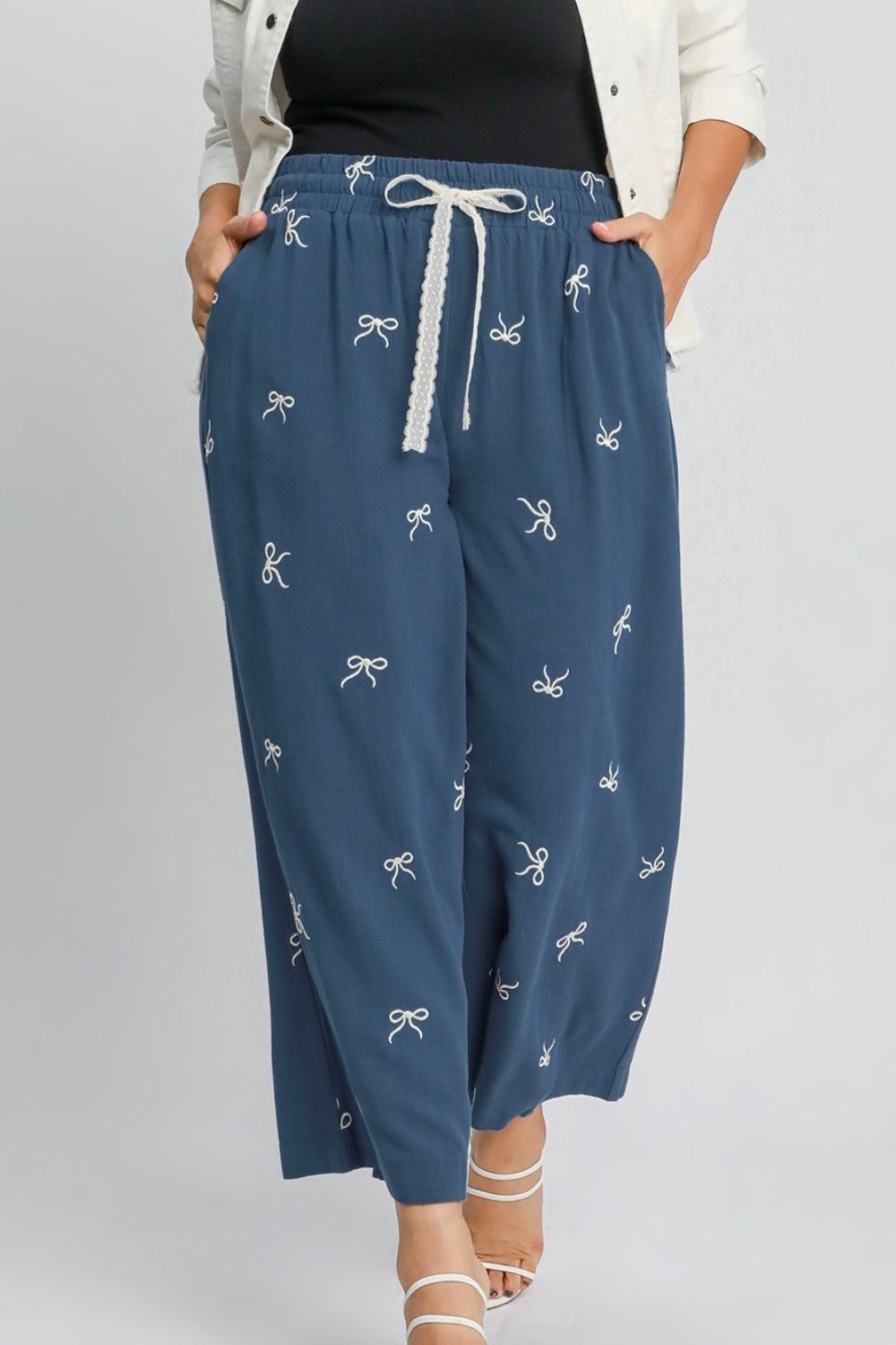 UMGEE - Dusty Blue Embroidered Bows Wide Leg Pants