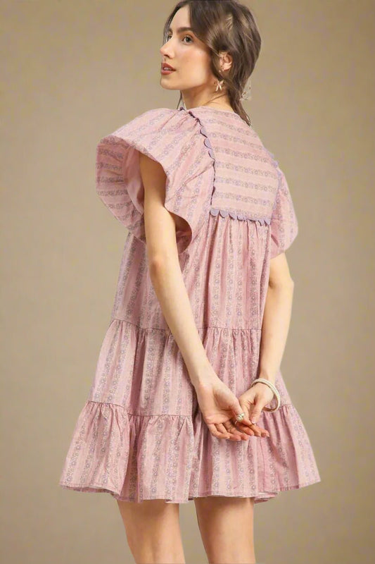 UMGEE - Dusty Rose Floral Flutter Sleeve Tiered Mini Dress