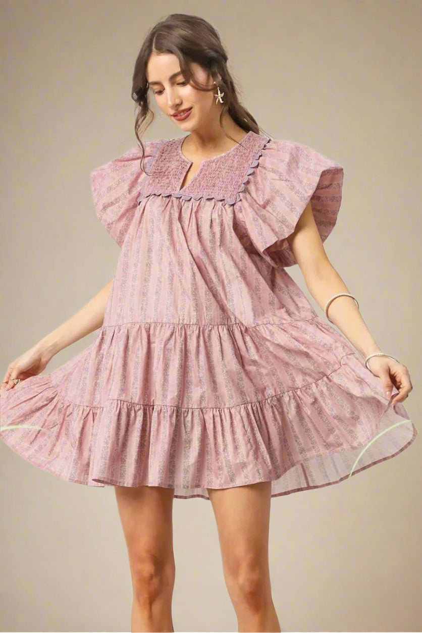 UMGEE - Dusty Rose Floral Flutter Sleeve Tiered Mini Dress