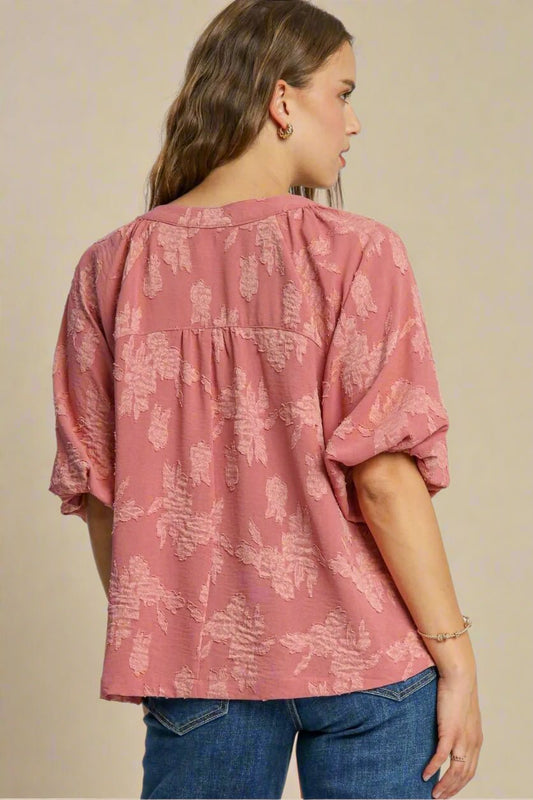 UMGEE - Dusty Rose Textured Split Neck Top