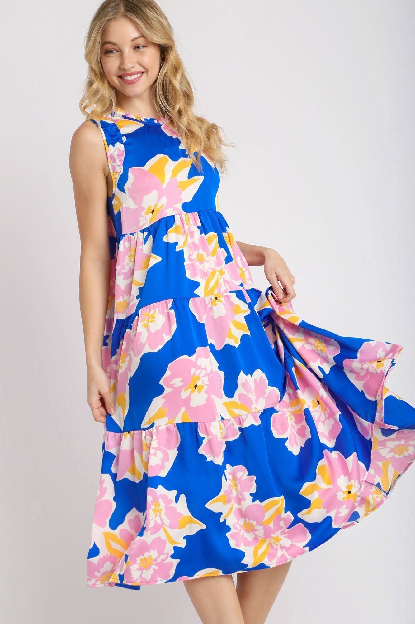 UMGEE - Electric Blue Floral Sleeveless Tiered Midi Dress