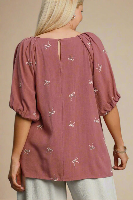 UMGEE - Embroidered Bow Puff Sleeve Top – Mauve Rose
