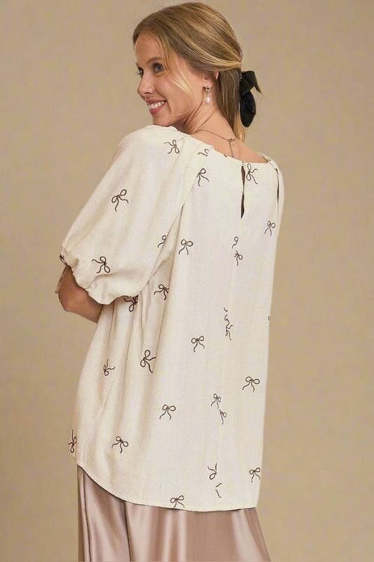 UMGEE - Embroidered Bow Puff Sleeve Top – Oatmeal
