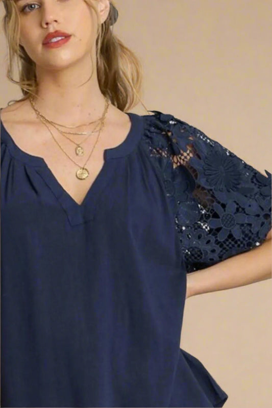 UMGEE - Floral Lace Sleeve Navy Blouse