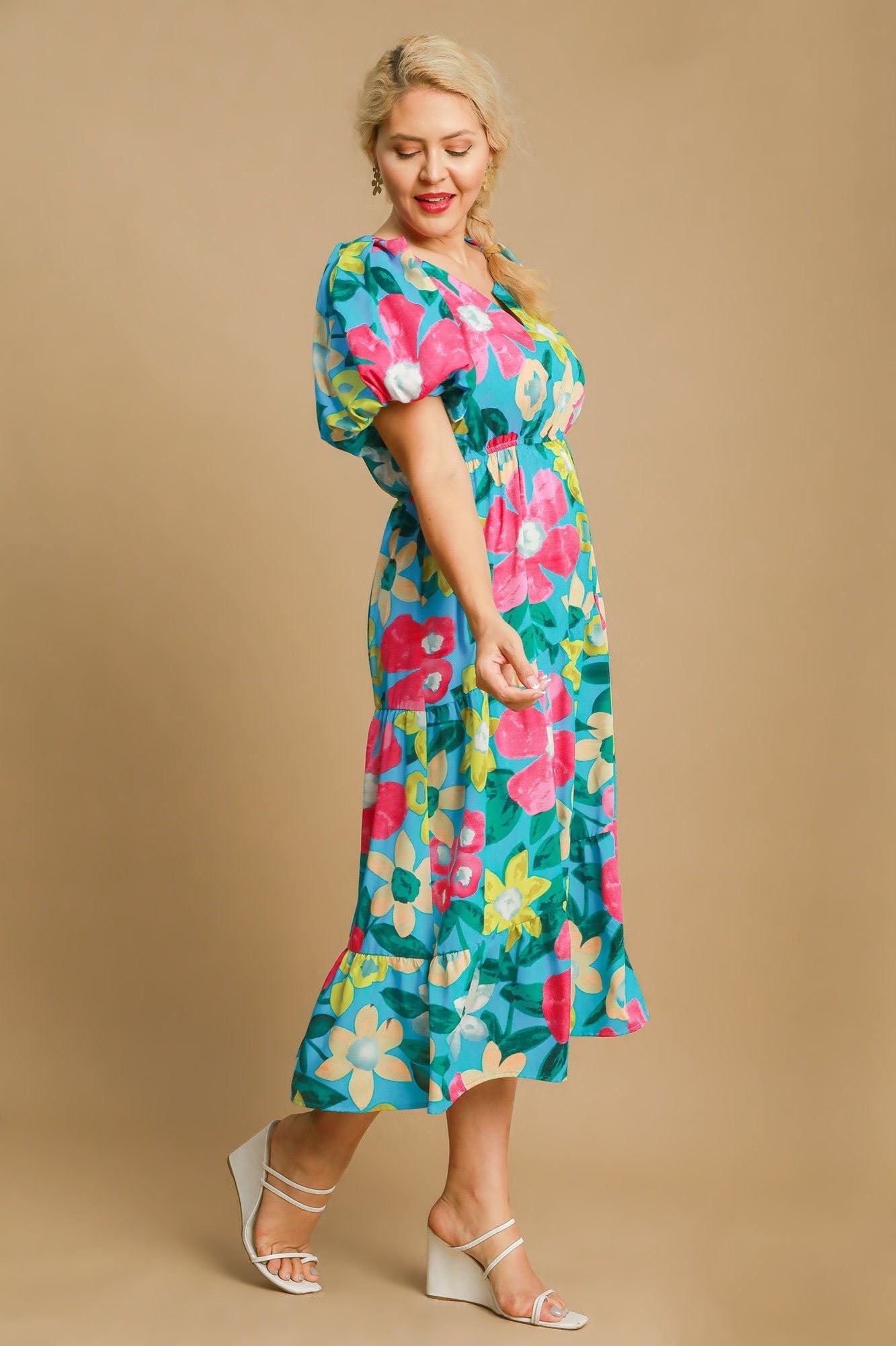 UMGEE - Floral Print Puff Sleeve Midi Dress in Azure