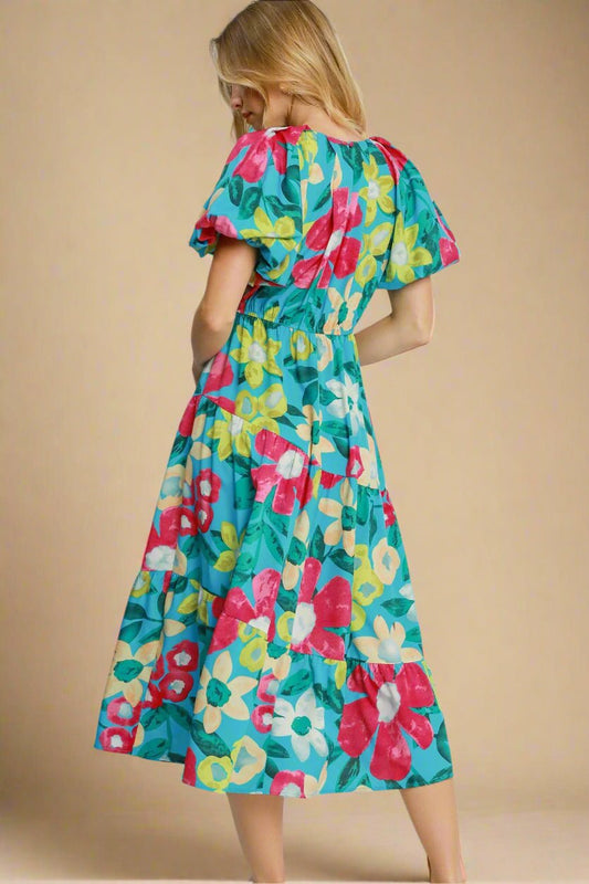 UMGEE - Floral Print Puff Sleeve Midi Dress in Azure