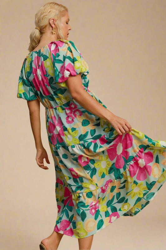 UMGEE - Floral Print Puff Sleeve Midi Dress in Mint