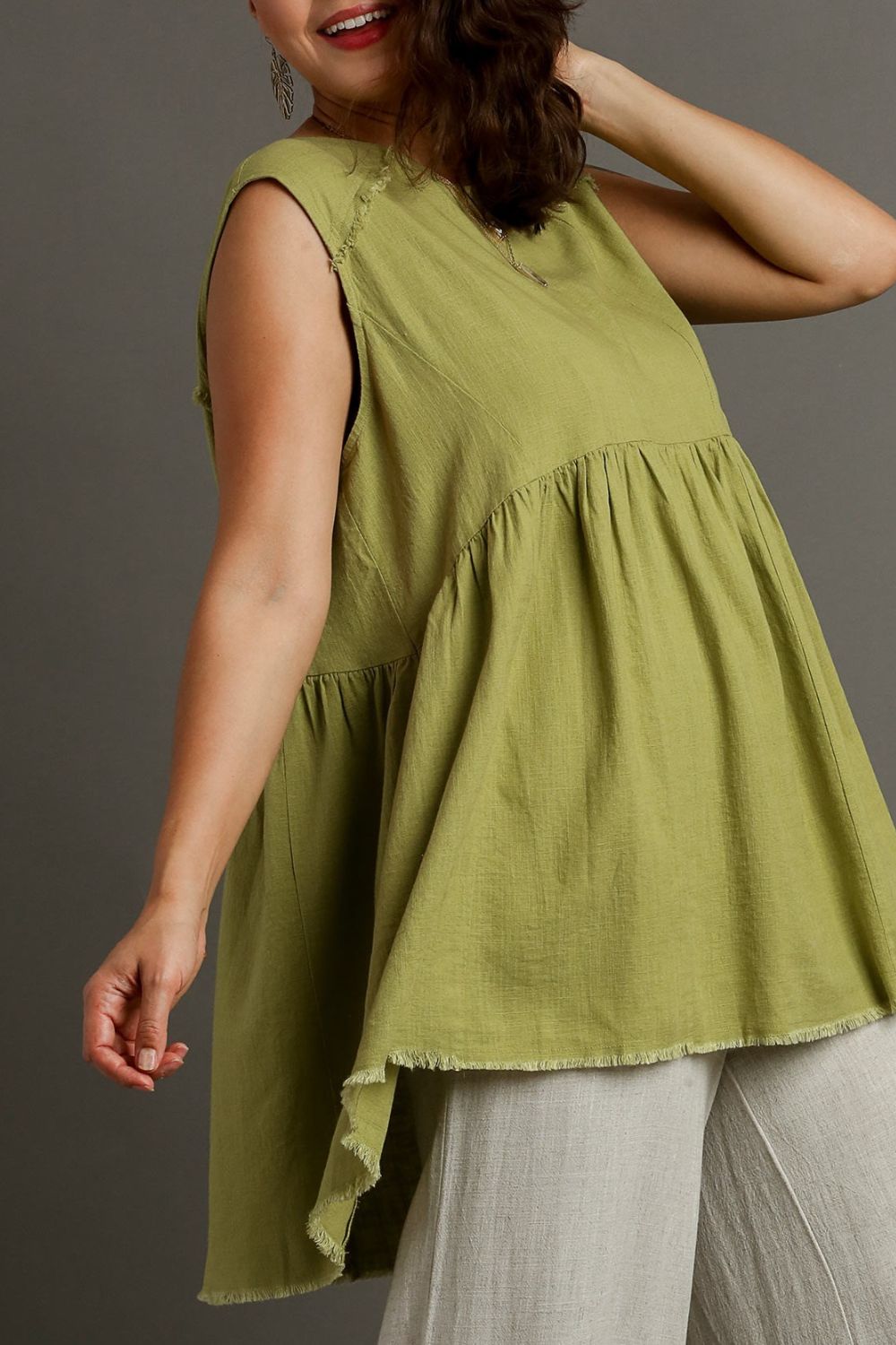 UMGEE - Frayed Babydoll Sleeveless Top in Olive