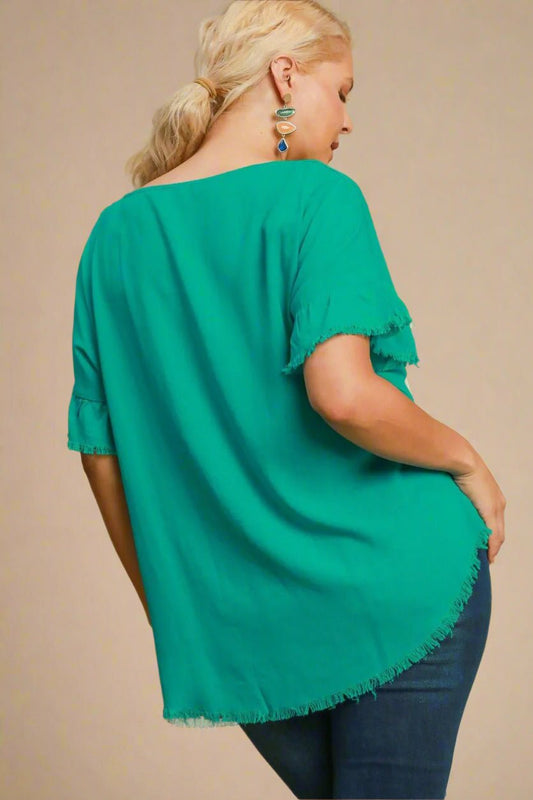 UMGEE - Frayed Edge Ruffle Sleeve Top – Jade Green