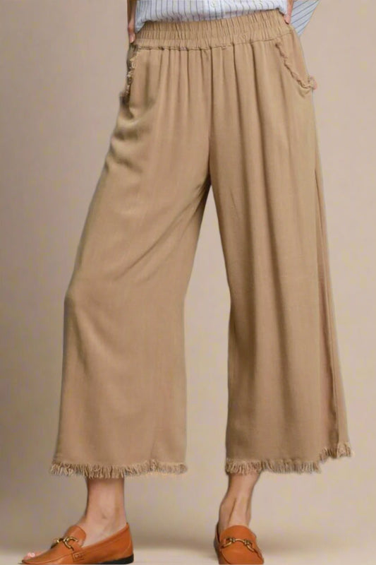 UMGEE - Frayed Hem Taupe Wide Leg Pants