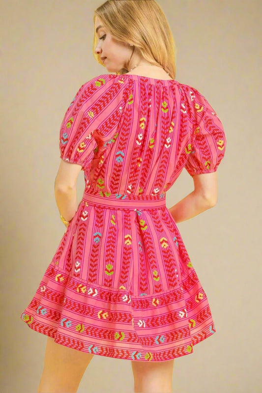 UMGEE - Fuchsia Multicolor Print Belted Mini Dress