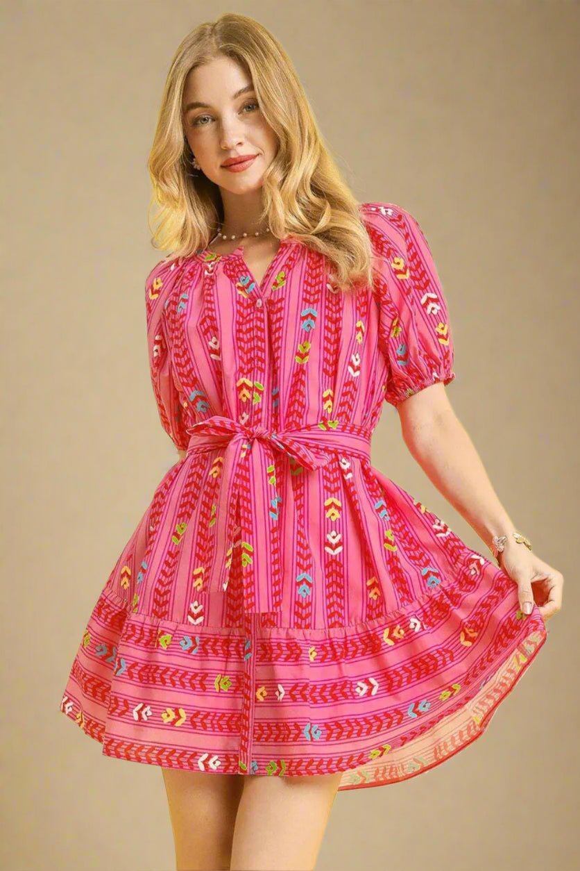 UMGEE Fuchsia Multicolor Print Belted Mini Dress Beach Rose Co. UMGEE Fuchsia Multicolor Print Belted Mini Dress Beach Rose Co.
