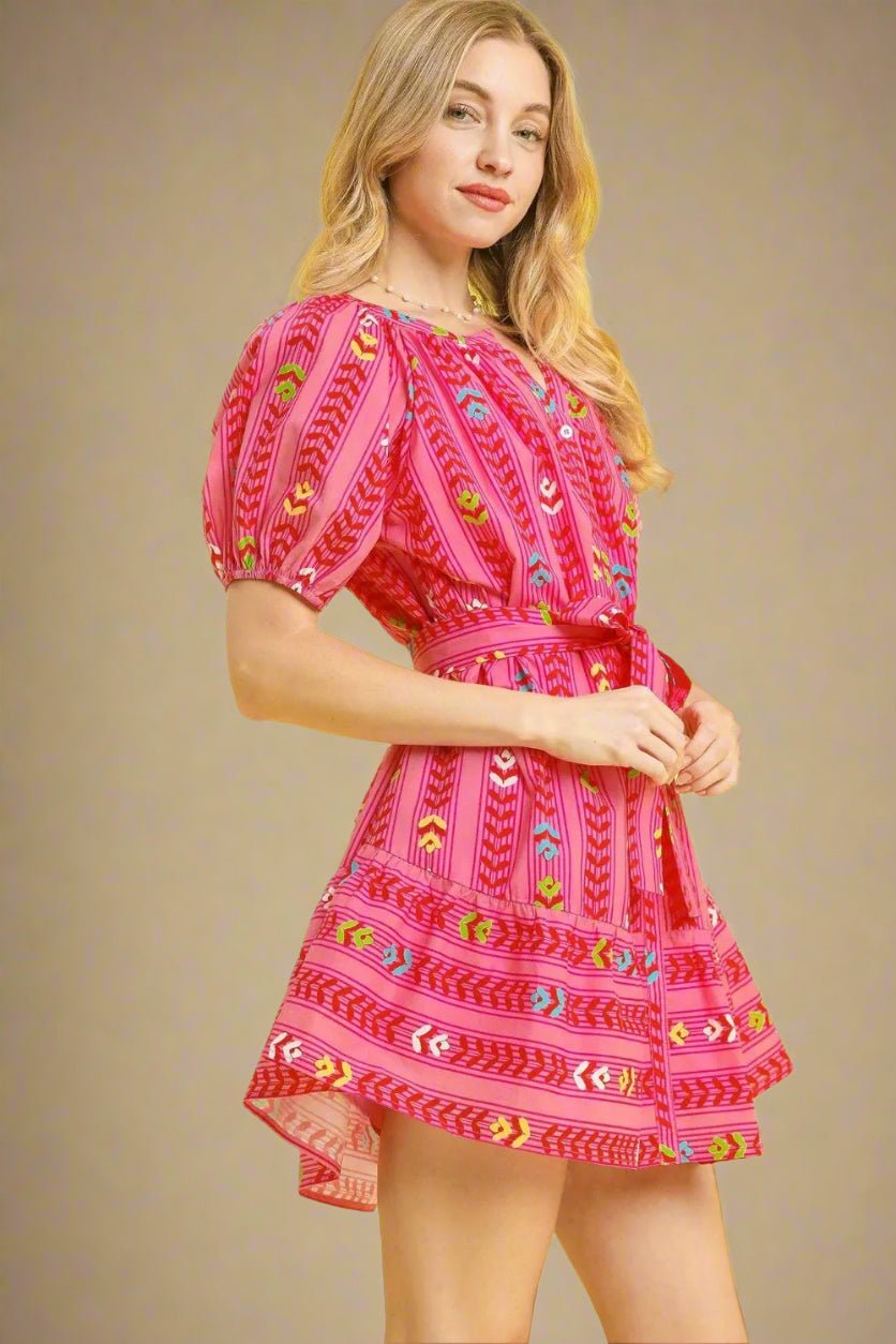UMGEE - Fuchsia Multicolor Print Belted Mini Dress