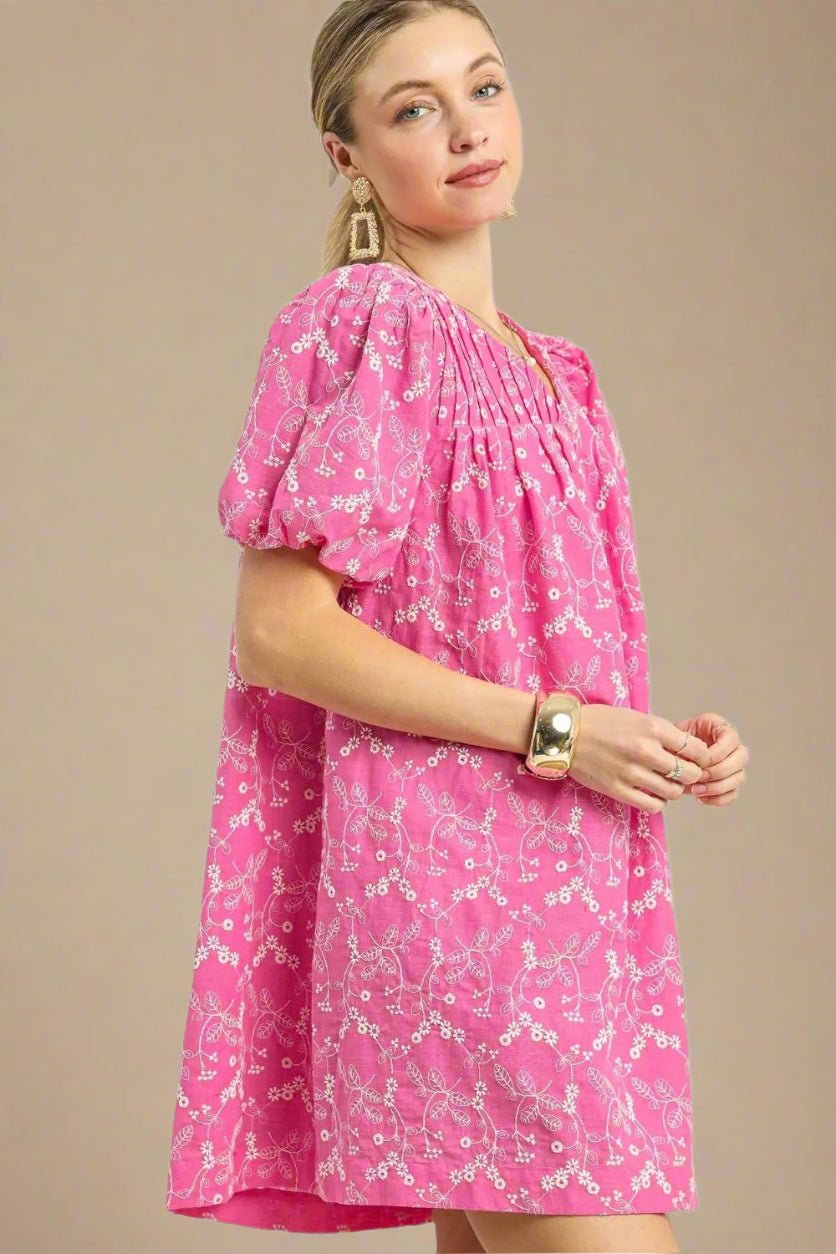 UMGEE - Fuchsia Pink Puff Sleeve Embroidered Mini Dress