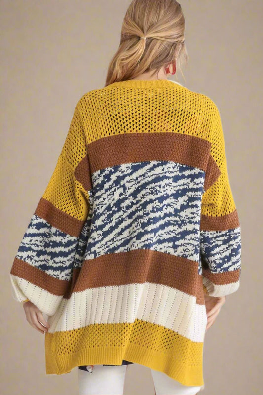 UMGEE - Gold & Brown Color Block Open Front Longline Cardigan