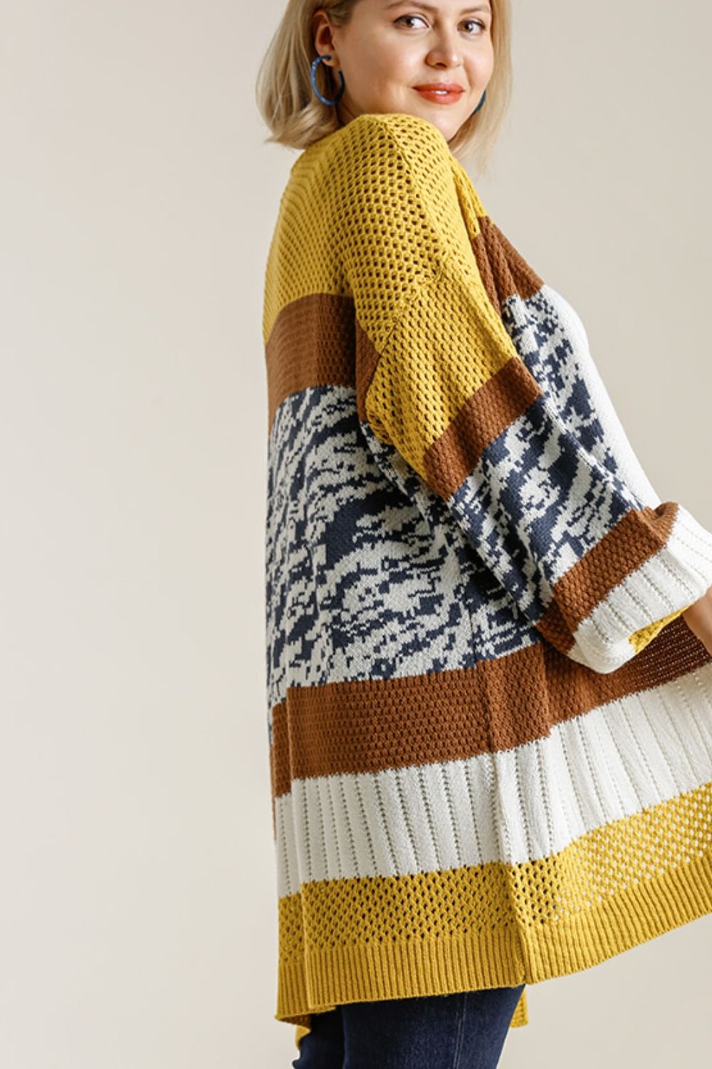 UMGEE - Gold & Brown Color Block Open Front Longline Cardigan