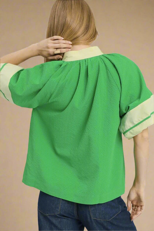 UMGEE - Green & Cream Contrast Trim Short Sleeve Blouse