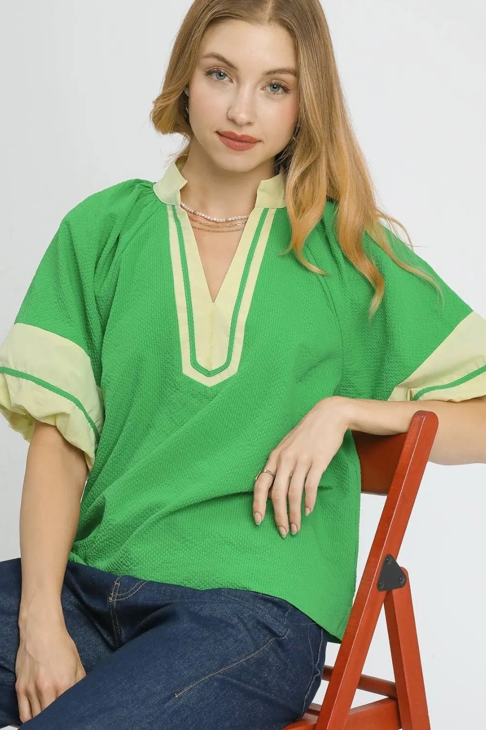 UMGEE - Green & Cream Contrast Trim Short Sleeve Blouse