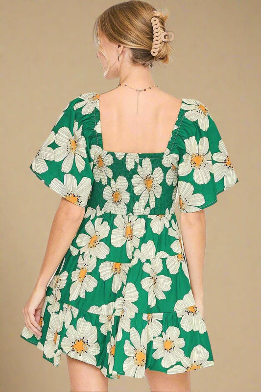 UMGEE - Green Daisy Mini Dress with Sweetheart Neckline and Bow Detail