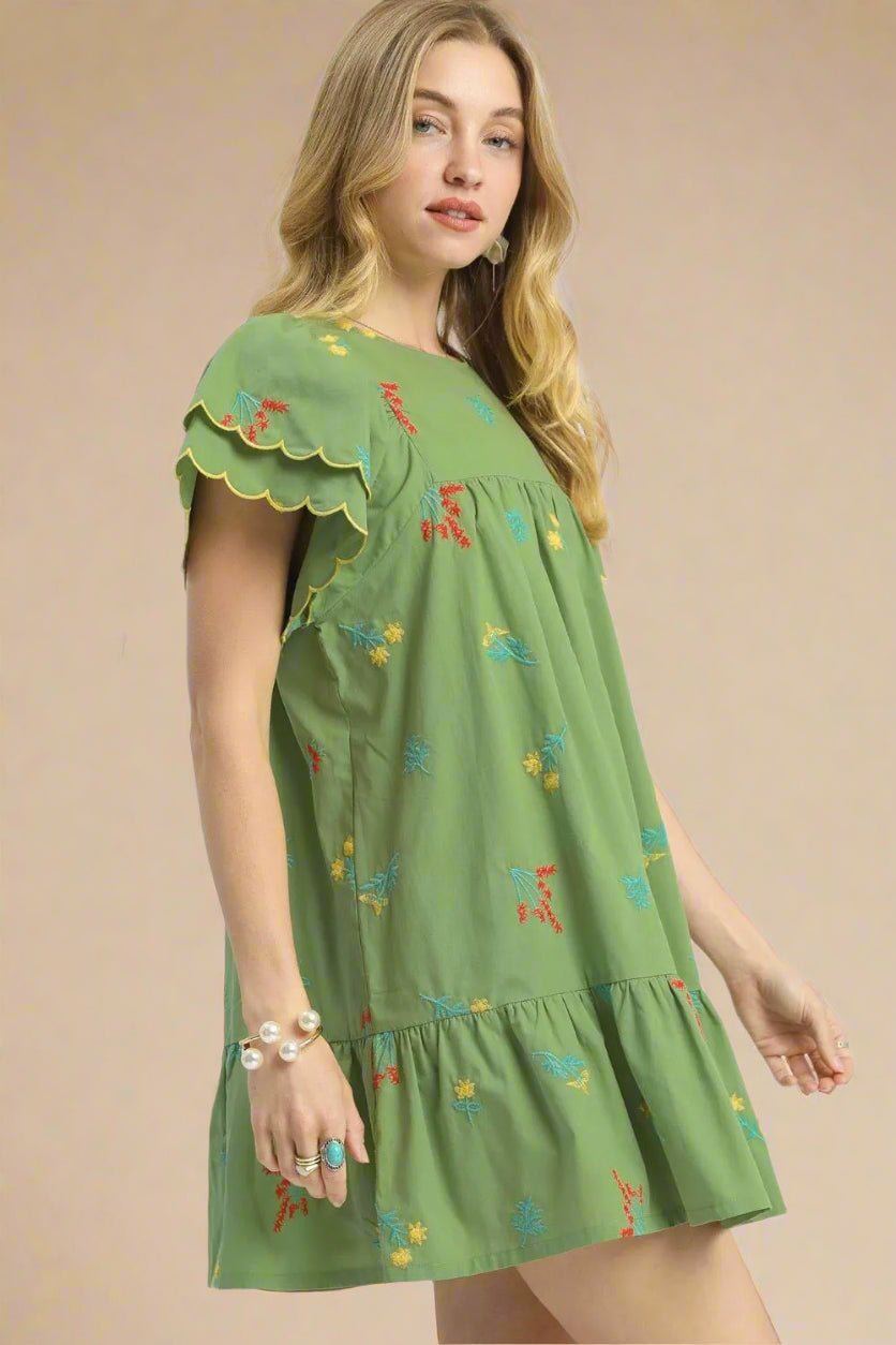 UMGEE - Green Embroidered Short Sleeve Ruffle Hem Mini Dress