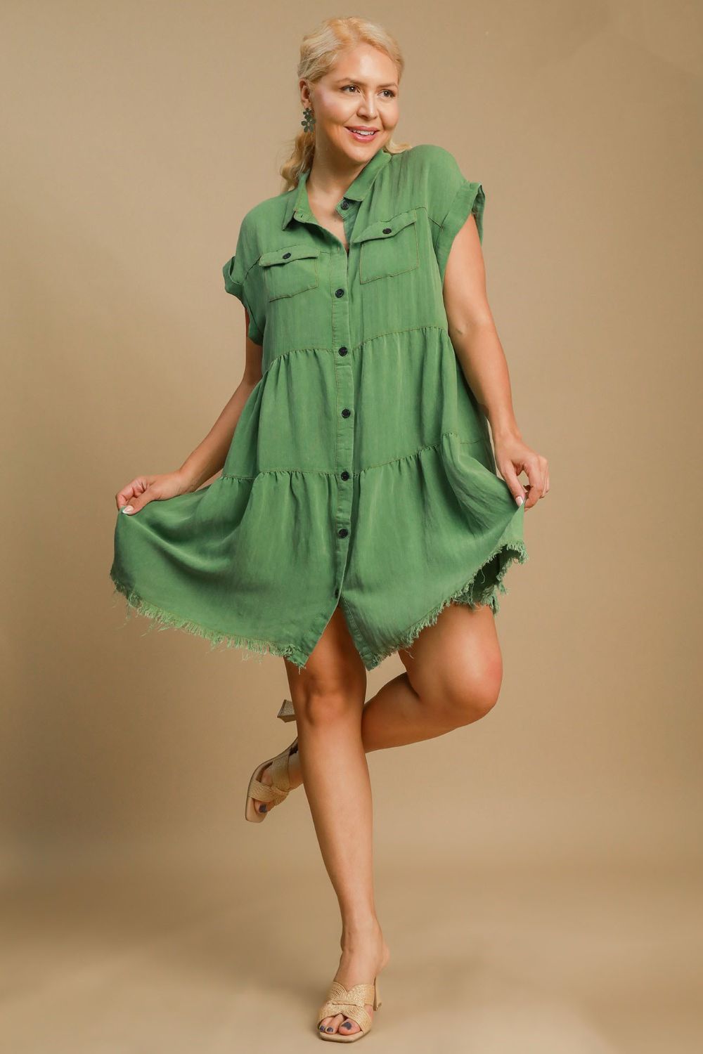 UMGEE - Green Frayed Hemline Mini Shirt Dress