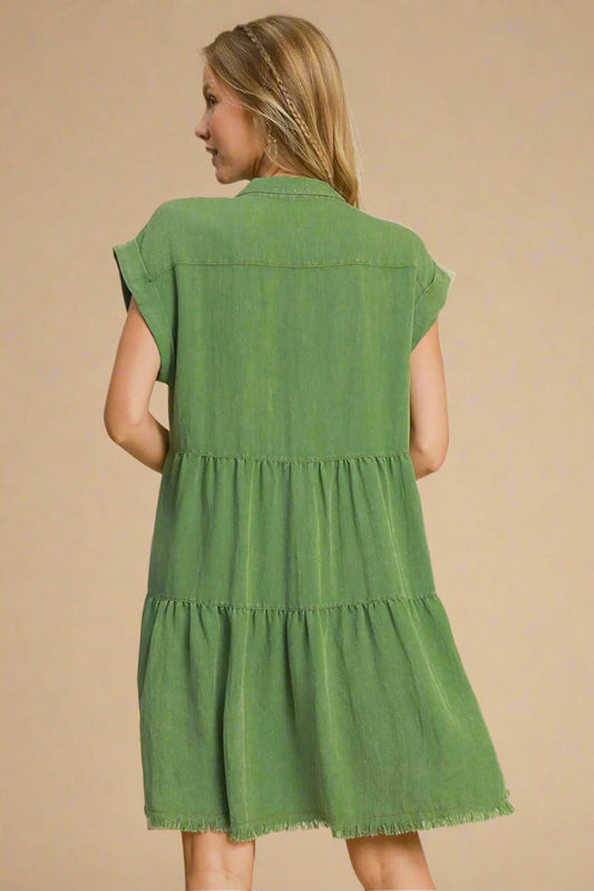 UMGEE - Green Frayed Hemline Mini Shirt Dress