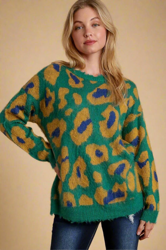 UMGEE - Green & Gold Fuzzy Leopard Print Sweater