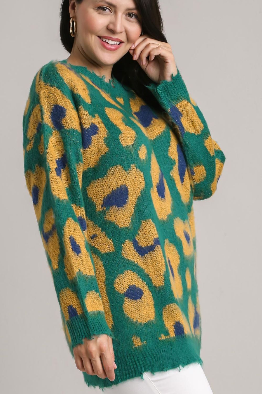 UMGEE - Green & Gold Fuzzy Leopard Print Sweater
