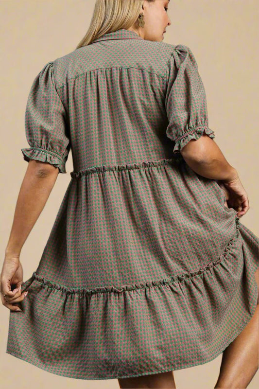 UMGEE - Green & Pink Gingham Tiered Mini Shirt Dress