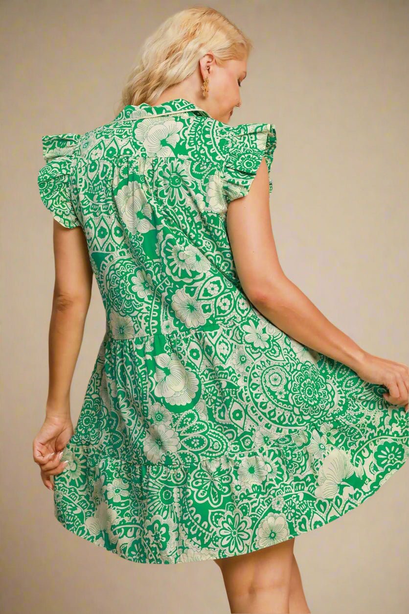 UMGEE - Green Printed Ruffled Cap Sleeve Babydoll Mini Dress