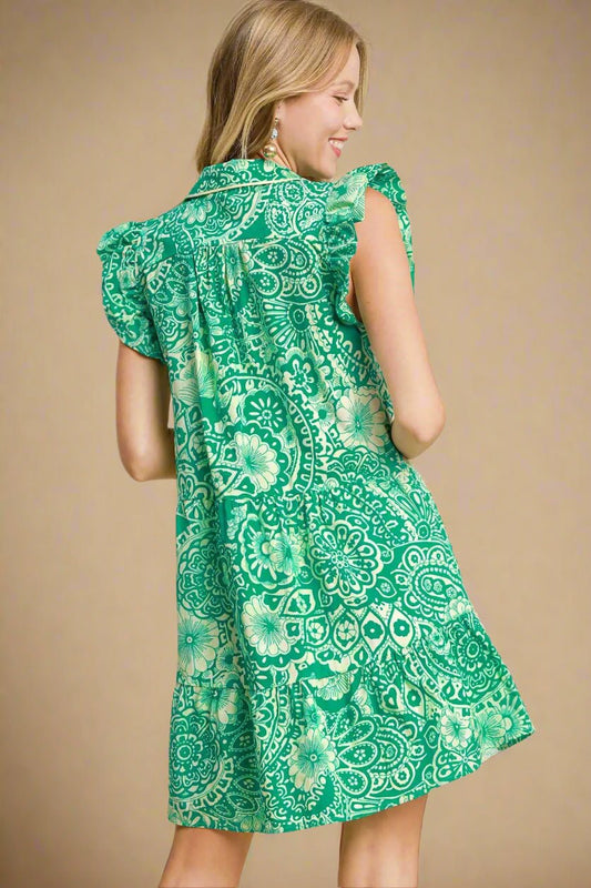 UMGEE - Green Printed Ruffled Cap Sleeve Babydoll Mini Dress