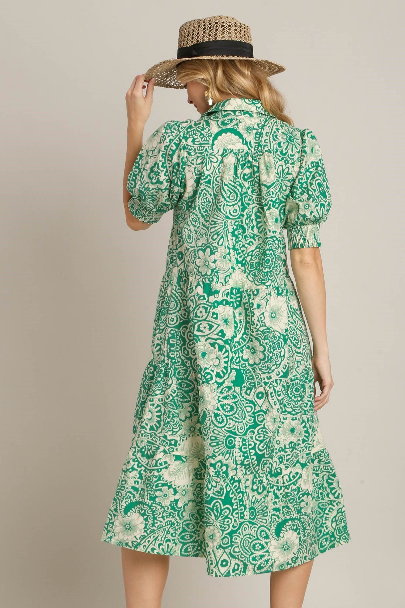 UMGEE - Green Printed Short Puff Sleeve Midi Dress