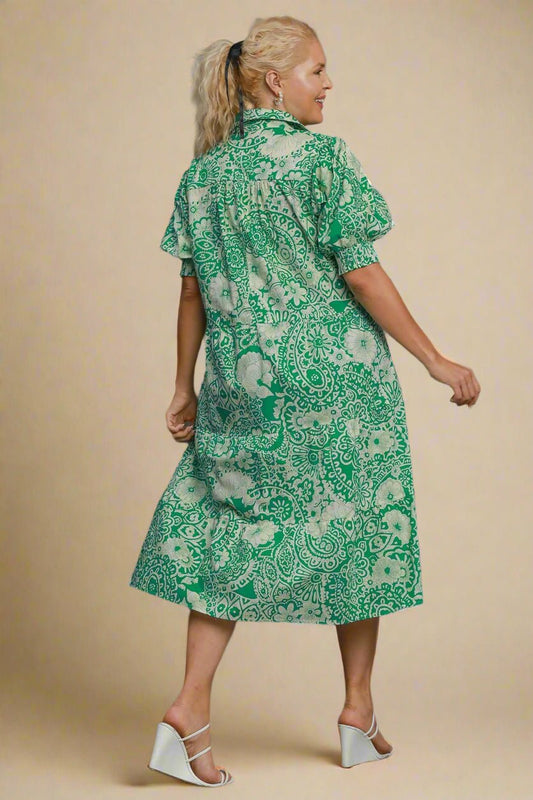UMGEE - Green Printed Short Puff Sleeve Midi Dress