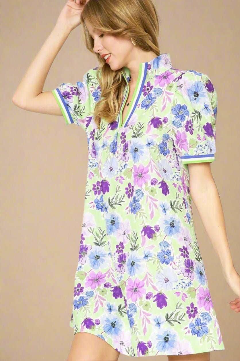 UMGEE - Green & Purple Floral Puff Sleeve Mini Dress