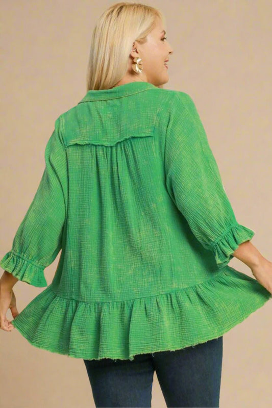 UMGEE - Green Ruffle Hem Gauze Blouse