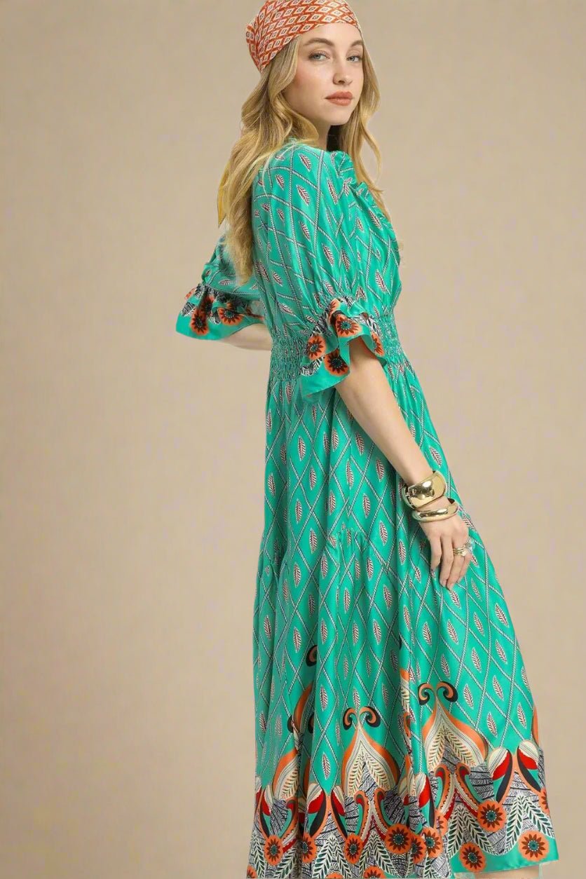 UMGEE - Green Smocked Waist Boho Midi Dress