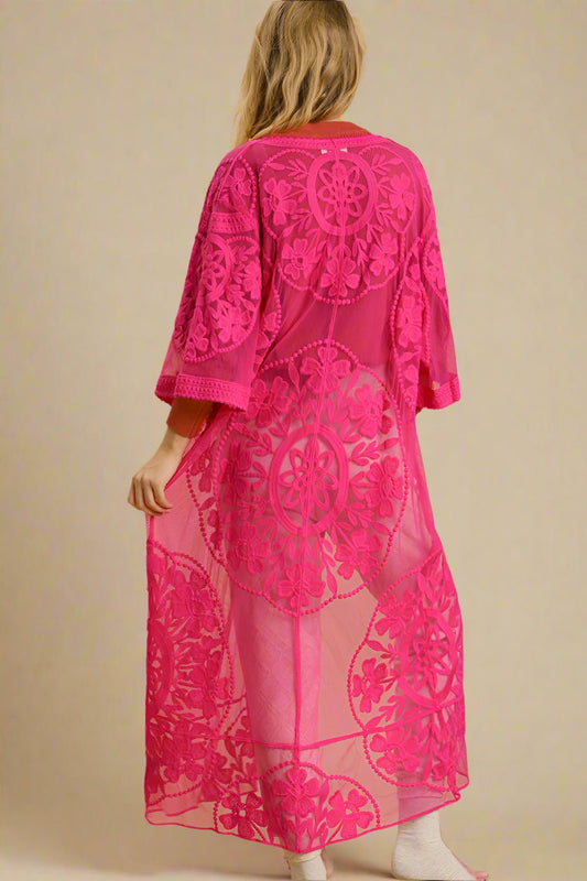 UMGEE - Hot Pink Embroidered Mesh Duster Kimono